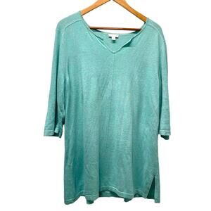 J Jill Blue Aqua Teal Split Neck 3/4 Sleeve Tunic Sweater Coastal Beachy L